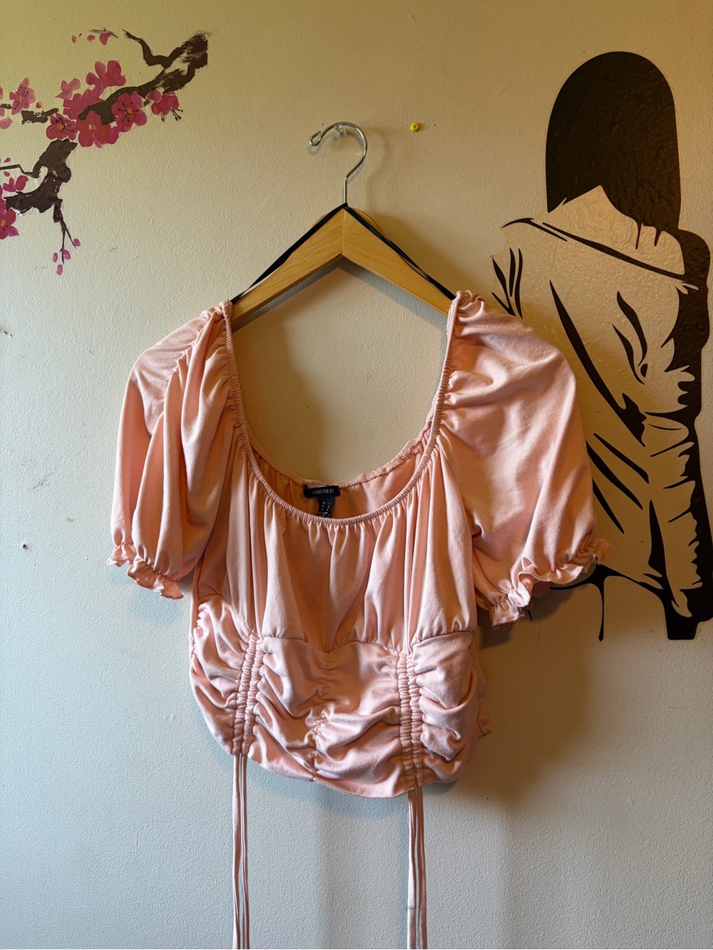 Women's Peach Drawstring Ruched Puff-Sleeve Top - Picture 6 of 7